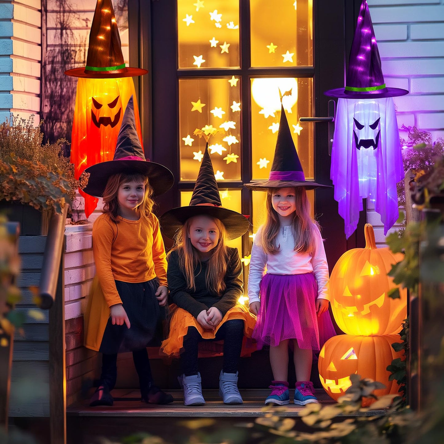 Minetom Halloween Lights Battery Operated, 2PC Large Hanging Witch Hats Lights, Total 40 LED, Glowing Ghost Witch Hat Light, Halloween Light Decoration for Outdoor Tree Indoor, Orange and Purple