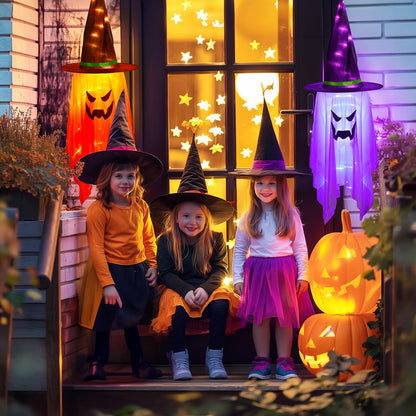 Minetom Halloween Lights Battery Operated, 2PC Large Hanging Witch Hats Lights, Total 40 LED, Glowing Ghost Witch Hat Light, Halloween Light Decoration for Outdoor Tree Indoor, Orange and Purple