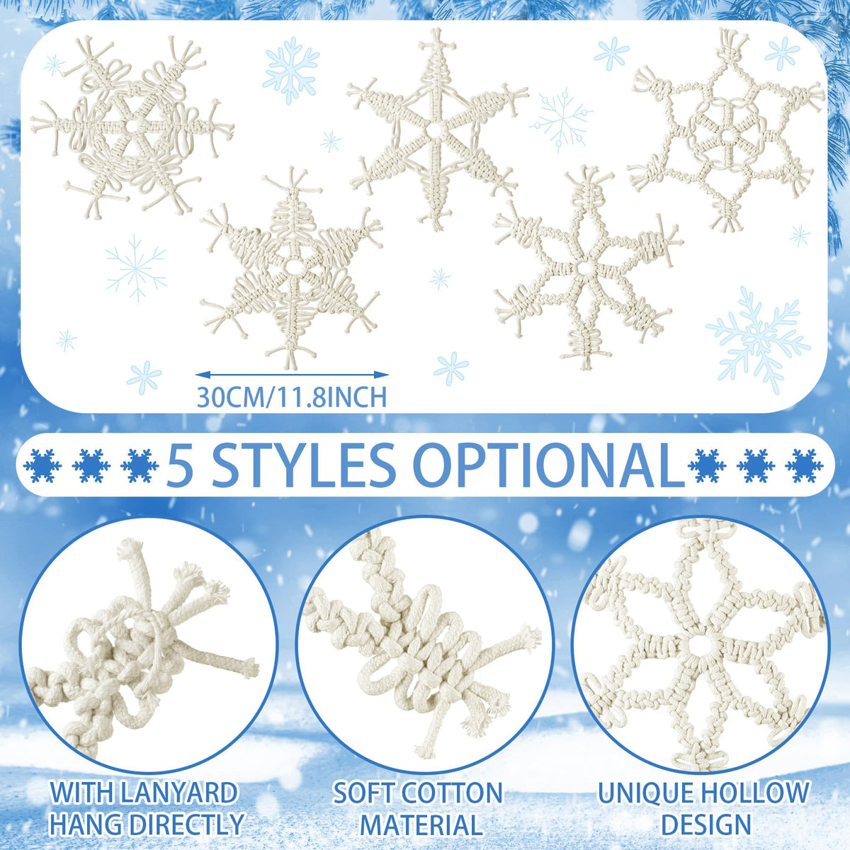 RattanView 5 Pcs Large Winter Macrame Snowflake Wall Decor - 11.8 Inch White Handmade Woven Wall Art Hanging Ornaments for Home Window Winter Party Decorations