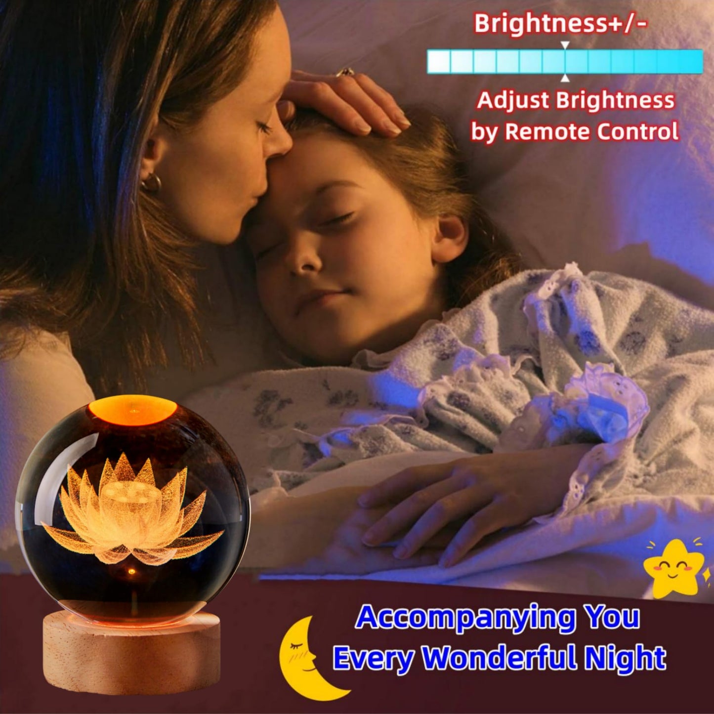 LMLOBEP Large Lotus Crystal Ball Night Light with Woodern Base, 3D Lotus Crystal Lamp 16 Color Changing with Remote Control, Laser Engraved Glass Flower Ball Lamp, Room Decor (Love)
