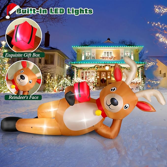 12 FT Giant Christmas Inflatable Reindeer Outdoor Decorations, Large Blow Up Reindeer with Gift Box Decor, Built-in LED Lights, Rapidly Inflate for Yard Lawn Party Holiday Garden Xmas Decorations