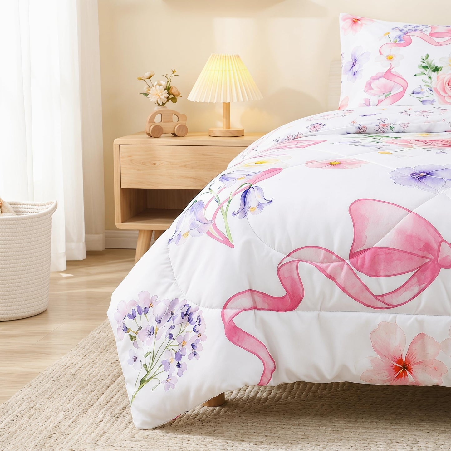 Pea Pod Floral Toddler Bedding Set for Girls, 4 Piece Bed-in-a-Bag Toddler Comforter Sets Cute Bowknot Princess Crib Bed Set | Include Quilt Comforter, Flat Sheet, Fitted Sheet, Pillowcase, Super Soft