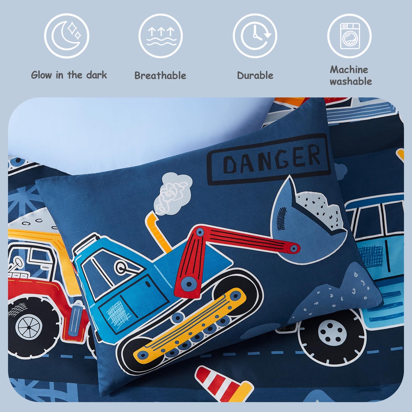 Kaleido Space Twin Kids Comforter Set - 5 Pieces Twin Bedding Sets for Boys Teen, Glow in The Dark Truck Tractor Excavator Bed in A Bag with Sheets