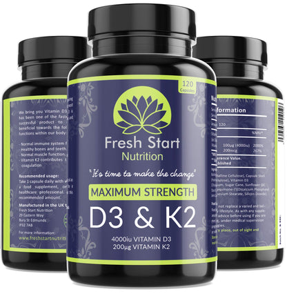 Vitamin D3 4000 IU and Vitamin K2 200µg MK7 - Vitamin D3 K2 High Strength Supplement - 120 Capsules 4 Month Supply Cholecalciferol - K2 Menaquinone-7 - Made in The UK