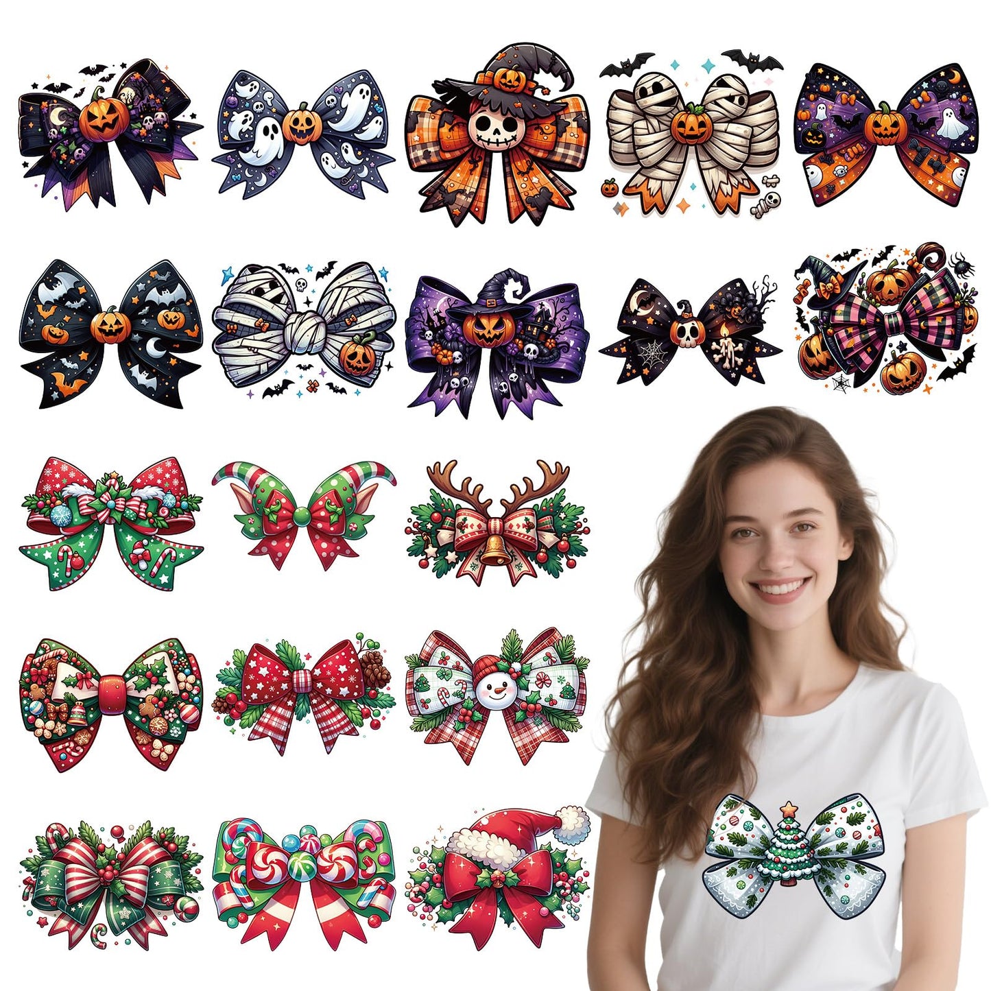 Shejdgart Dtf Transfers Ready to Press - 20 Pcs Halloween Christmas Bow Iron on Patches for T-Shirts, Pumkin Bat Heat Transfer Designs Vinyl Stickers, Iron on Decals for Clothes Bags, DIY Party Décor