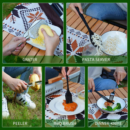 Wesqunie Camping Cookware Cooking Utensils Set - 30Pcs Camp Kitchen Essentials Set, Portable Outdoor Camper Gear Accessories, Stainless Steel & Silicone, Overland Equipment for RV Picnic Grill