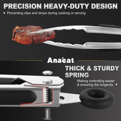 Anaeat Stainless Steel Locking Tong Set of 3 - Premium 7, 9 and 12 inch Kitchen Food Tongs with Non-Slip Silicone Tips and Grip for Serving, Cooking, Baking and BBQ - Heavy Duty & Heat Resistant