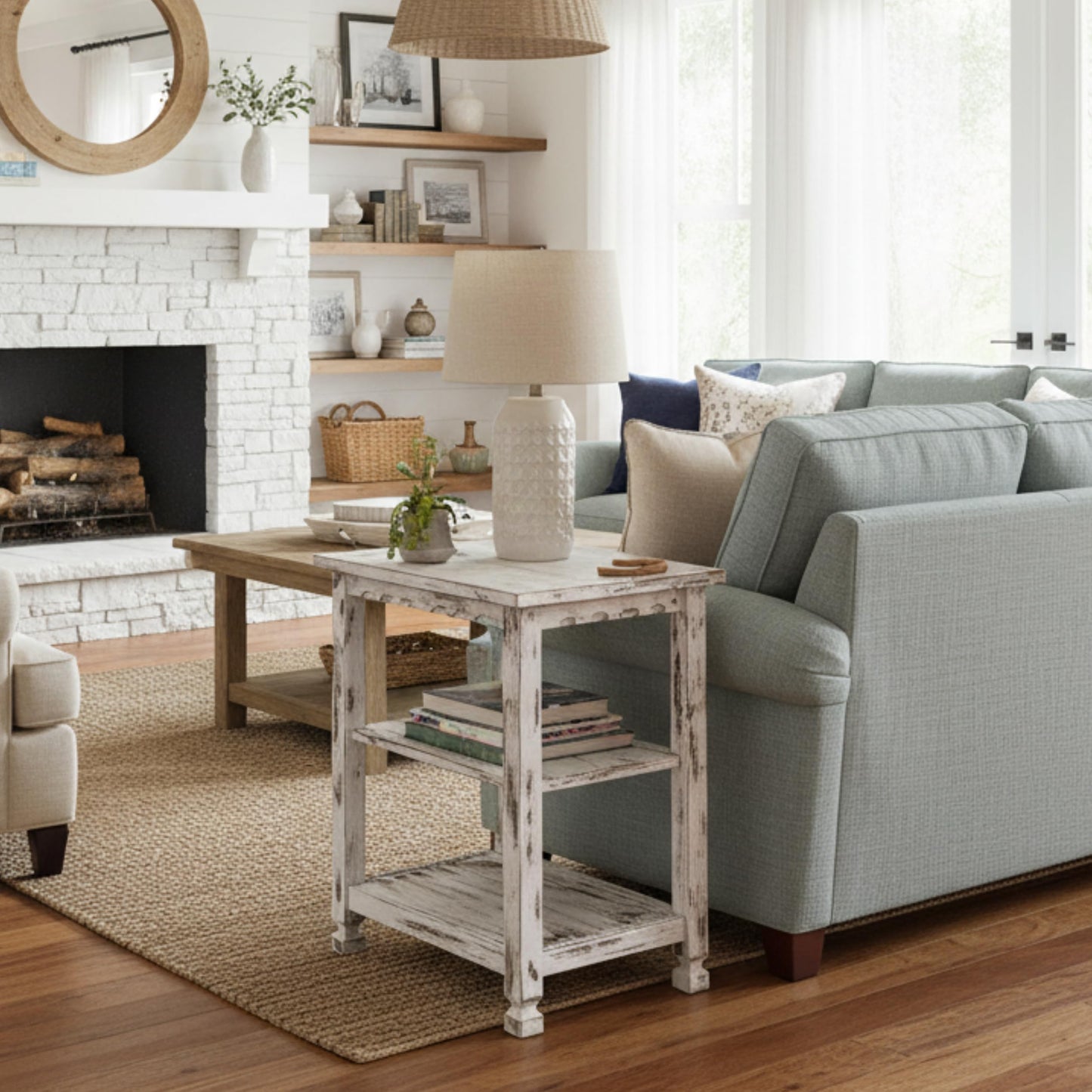 Alaterre Furniture Country Cottage Rustic Farmhouse Nightstand – 3-Tier Narrow End Table with Weathered Faded Finish, Carved Edges, & Turned Legs (Distressed Antique White)