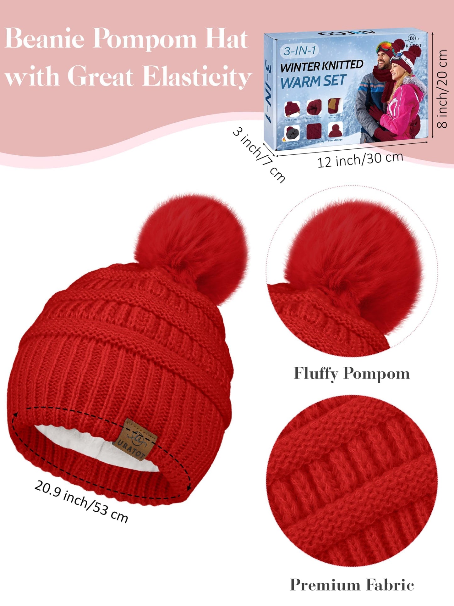 URATOT Women Winter Beanie Hat Scarf Gloves 3 in 1 Set for Women Fleece Lined Beanie Pompom Hat Touchscreen Gloves Long Scarf Red