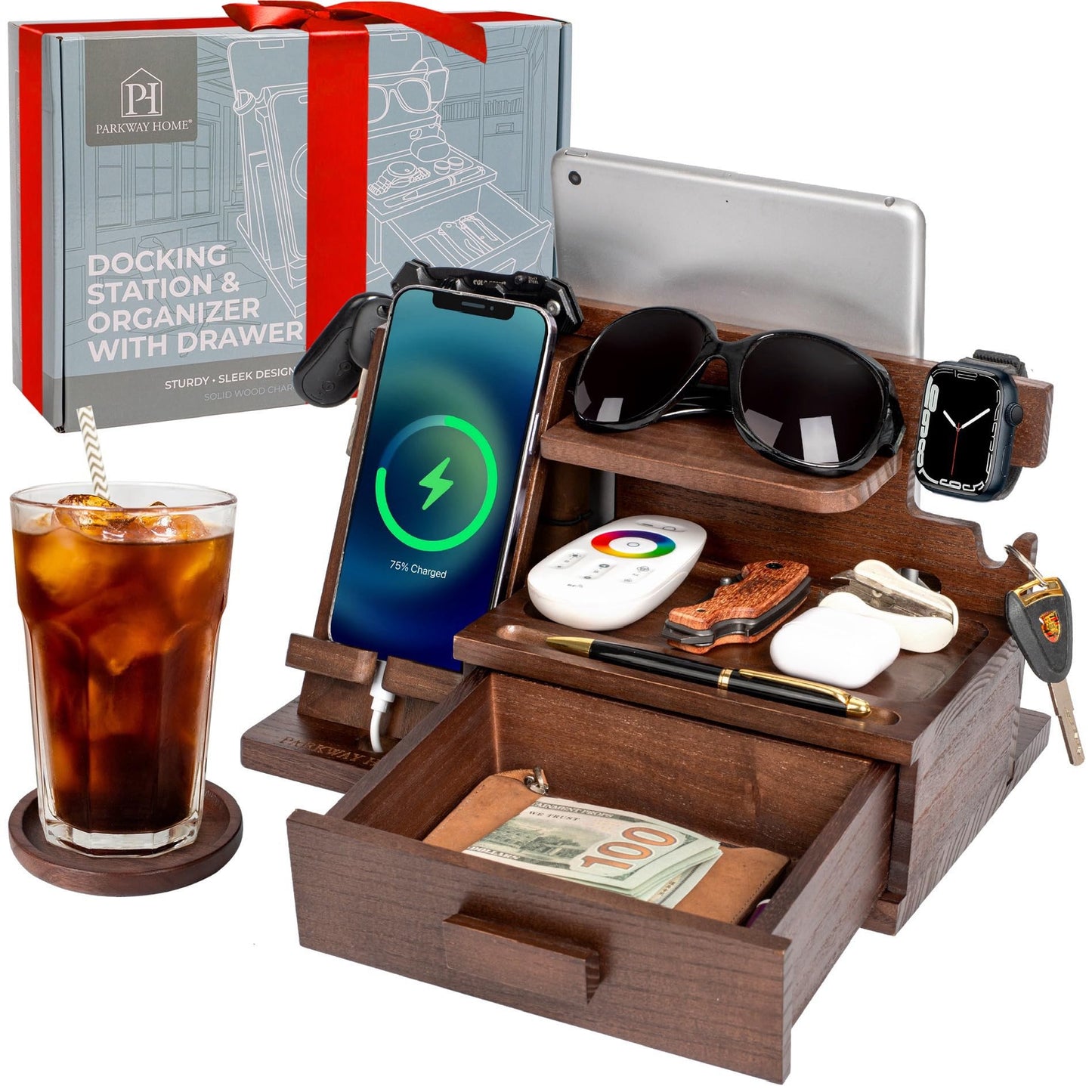Parkway Home Wood Phone Docking Station with Drawer, Compatible with Apple Watch - Wood Charging Station Organizer Stand, Bedside Nightstand Organizer for Men, Holds Phone, Tablet, Keys, Glasses, EDC