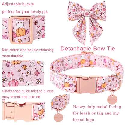 UP URARA PUP Halloween Dog Collar with Flower, Pink Halloween Puppy Flower Collar with Adjustable Metal Buckle,Fancy Halloween Dog Collar Bowtie Gift for Girl Boy Dog,M