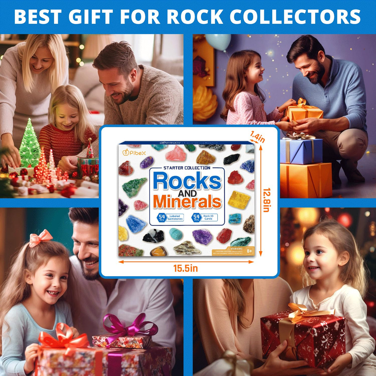 PIBEX Rock Collection Starter Kit - 54 Pcs Assorted Gemstones, Crystals, Rocks & Minerals, with Learning Book & ID Cards, Earth Science Kit Toy, A Geology Gift for Kids & Adults Ages 8+