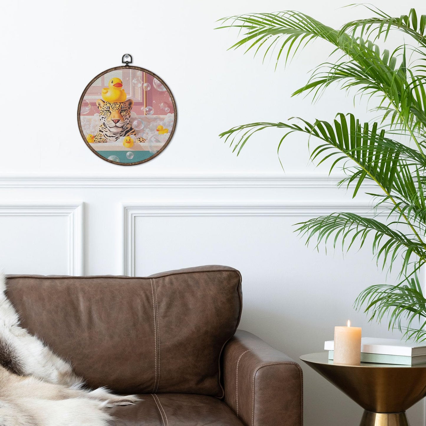 Giosve Funny Leopard Bathroom Round Wall Art Canvas Framed Poster, Retro Trendy Whimsical Cheetah in Bathtub Hanging Wall Sculptures for Bathroom Washroom Restroom Decor, 10x10 Inch YH546-YGH01