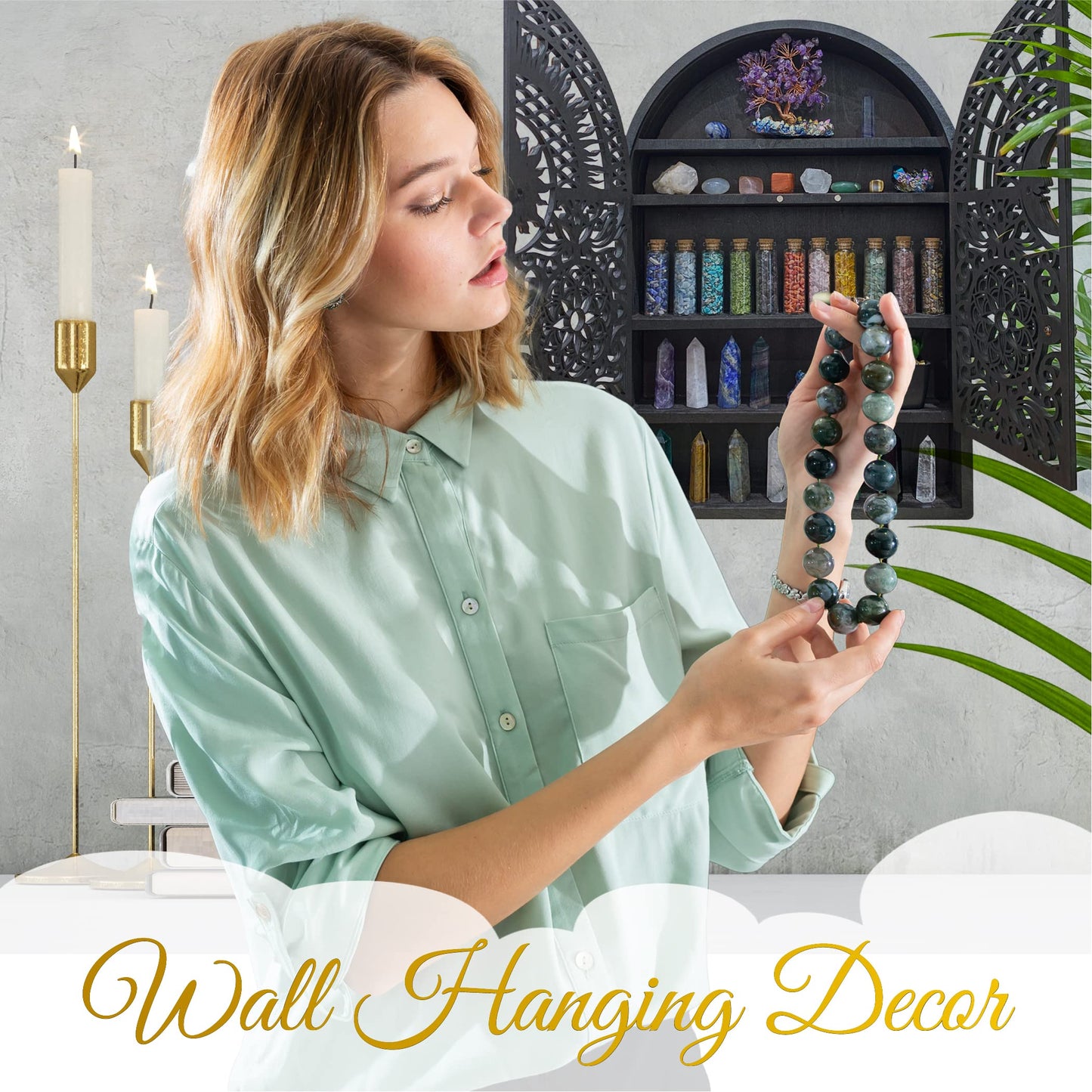 Ella & Emma Sun & Moon Wall Shelf – 5-Tier Hardwood Crystal Display Cabinet for Stones, Essential Oils, Nail Polish – Witchy/Boho Moon Phase Home Decor