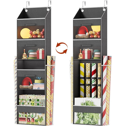 Over Door Wrapping Paper Organizer Storage with 3 Removable Drawers & Side Pockets – Dual Use Design with Elastic Straps – Christmas Gift Wrap Storage for Ribbons, Bows, Ornament and Other Tools 1Pack