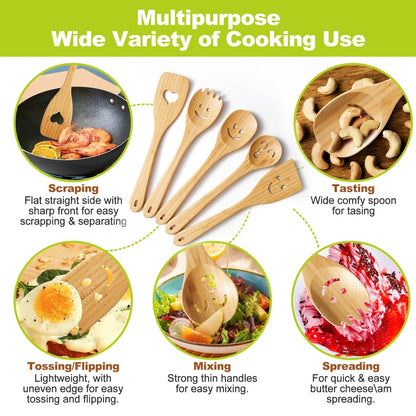Wooden Cooking Utensil Set, Cute Spatula Set, Funny Bamboo Kitchenware, Unique Mother's Day Gifts for Cooks Hostesses Mom Grandma Wife Weddings House Warming Kitchen Accessories (A001)