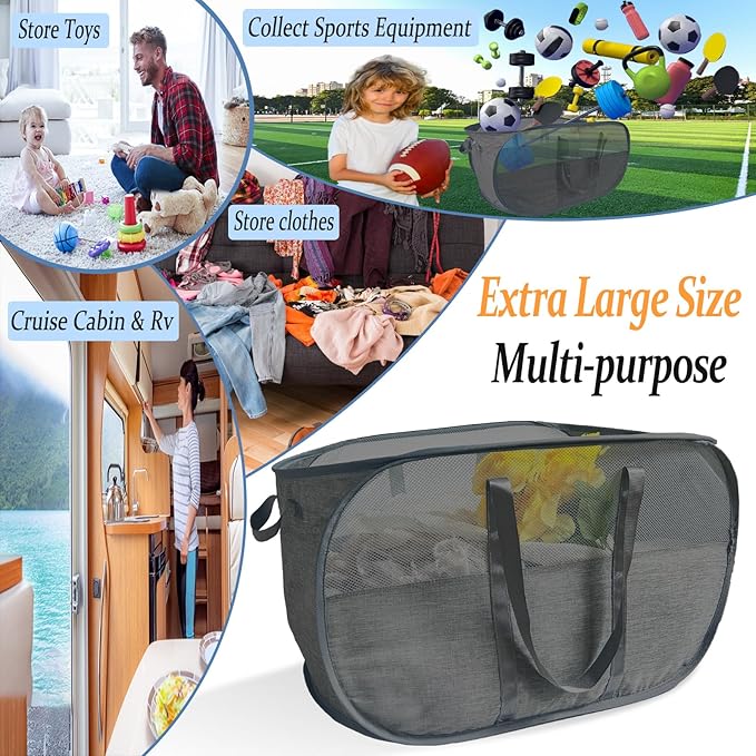 Extra Large Mesh Pop Up Laundry Hamper 2 Pack, 100L Collapsible Laundry Baskets