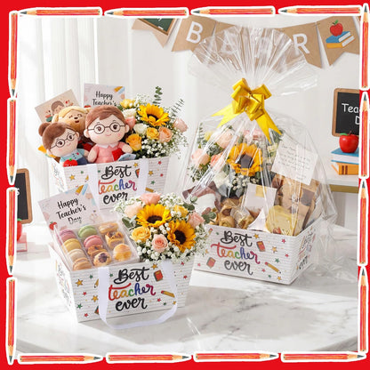 Moinchore 12 Set Teacher's Day Basket for Gifts Empty 9.8x6.5'' Best Teacher Ever Market Tray Cardboard with Bows, Cellophane Bags, Twist Tiles, Empty to Fill for Birthday Holiday Party Supply