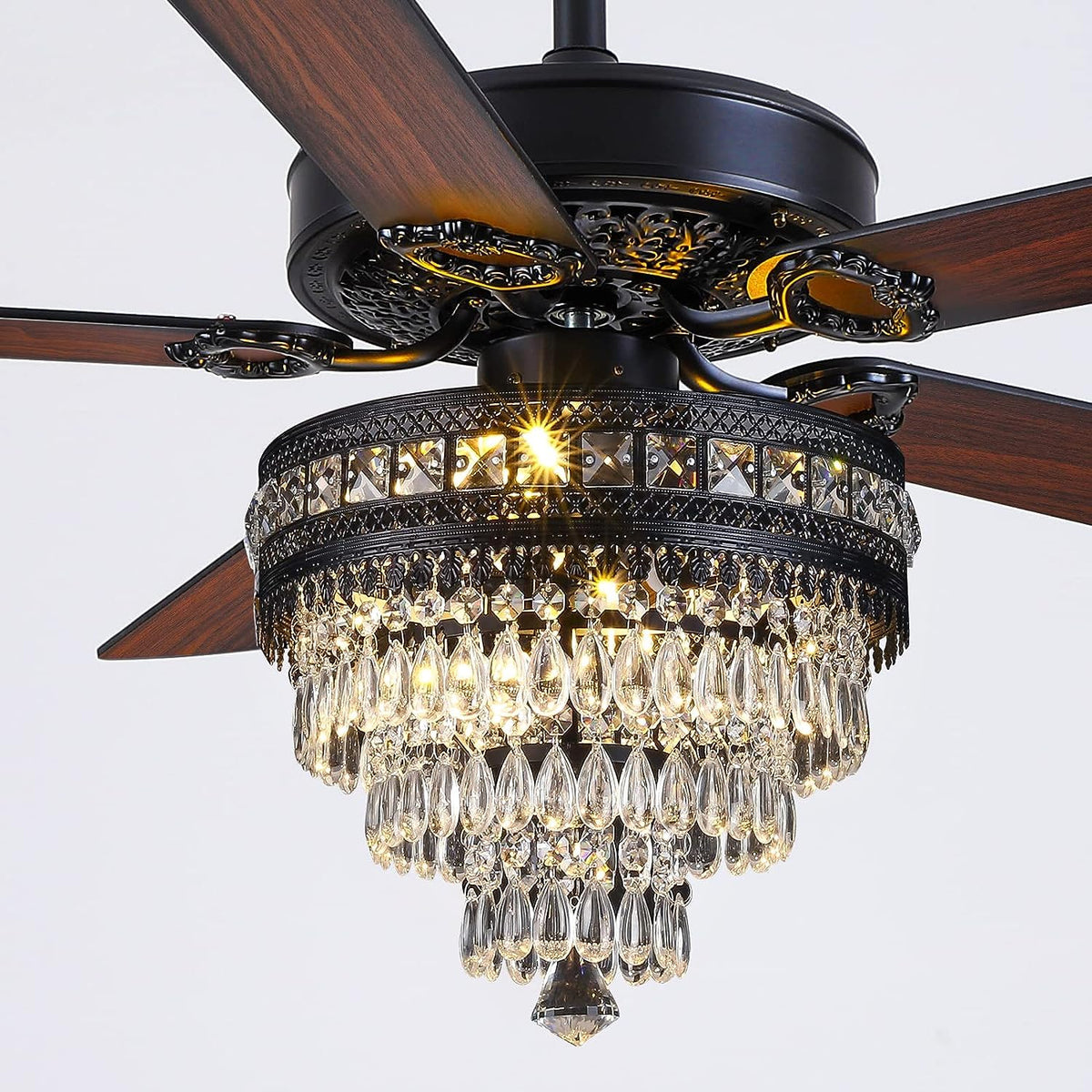 Asyko 50" Crystal Ceiling Fan Fandelier with Lights - Modern Black Chandelier Fans with Remote Control，Noiseless AC Motor, Retro/Farmhouse Lighting, Dining Room，Living Room