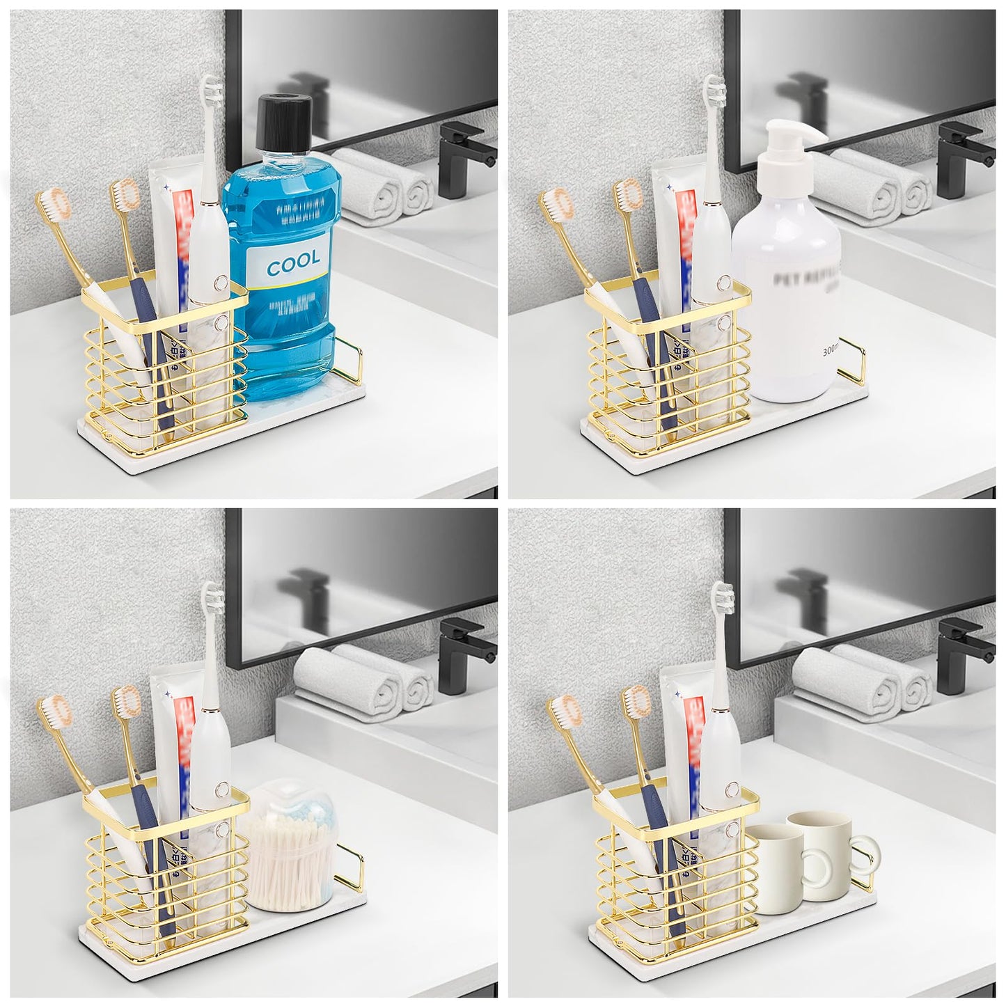 HarJue Toothbrush Holder, Luxurious Metal Toothbrush Toothpaste Holder with Marble Base for Bathroom, Multi-Slots Openwork Design, Bathroom Accessory for Storage and Organizer (Large, Gold)