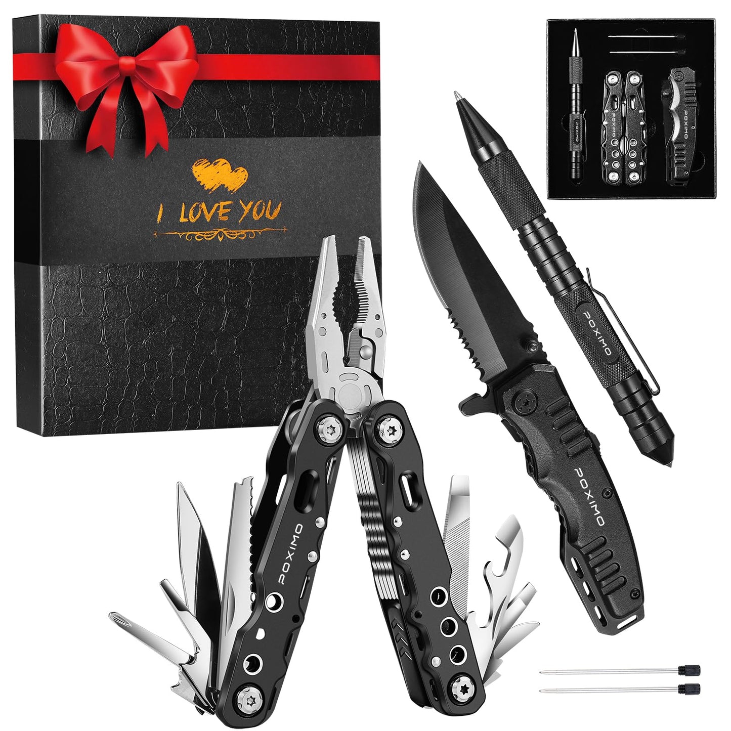Multitools Gift Set "I LOVE YOU", Men Gifts 3 Items Pack with 14-In-1 Multi tool Pliers, Pocket Knife, Tactical Pen, Gifts for Men Women, Stocking Stuffers EDC, Survival Tools Set (I LOVE YOU)