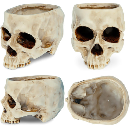 READAEER Skull Planter with Drain Hole, Resin Skull Shaped Flower Pot Candy Bowl, Gothic Decoration for Home Office Desk- White