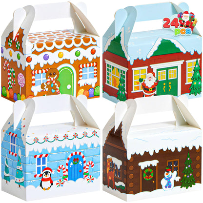 JOYIN 24 PCS 3D Christmas House Cardboard Treat Boxes for Holiday Xmas Goody Gift, Goodie Paper Boxes, School Classroom Party Favor Supplies, 4 Designs Candy Treat Cardboard Cookie Boxes
