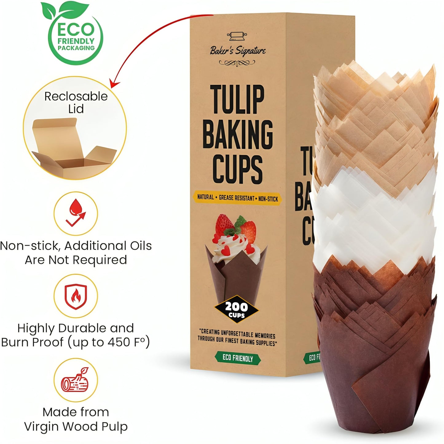 Tulip Cupcake Liners, Muffin Liners for Baking by Baker’s Signature 200pcs of Parchment Paper Cups Cupcake Wrappers – Perfect Size, Sturdy, Greaseproof & Easy to Use – Beige White Brown