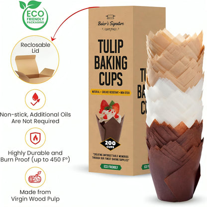 Tulip Cupcake Liners, Muffin Liners for Baking by Baker’s Signature 200pcs of Parchment Paper Cups Cupcake Wrappers – Perfect Size, Sturdy, Greaseproof & Easy to Use – Beige White Brown