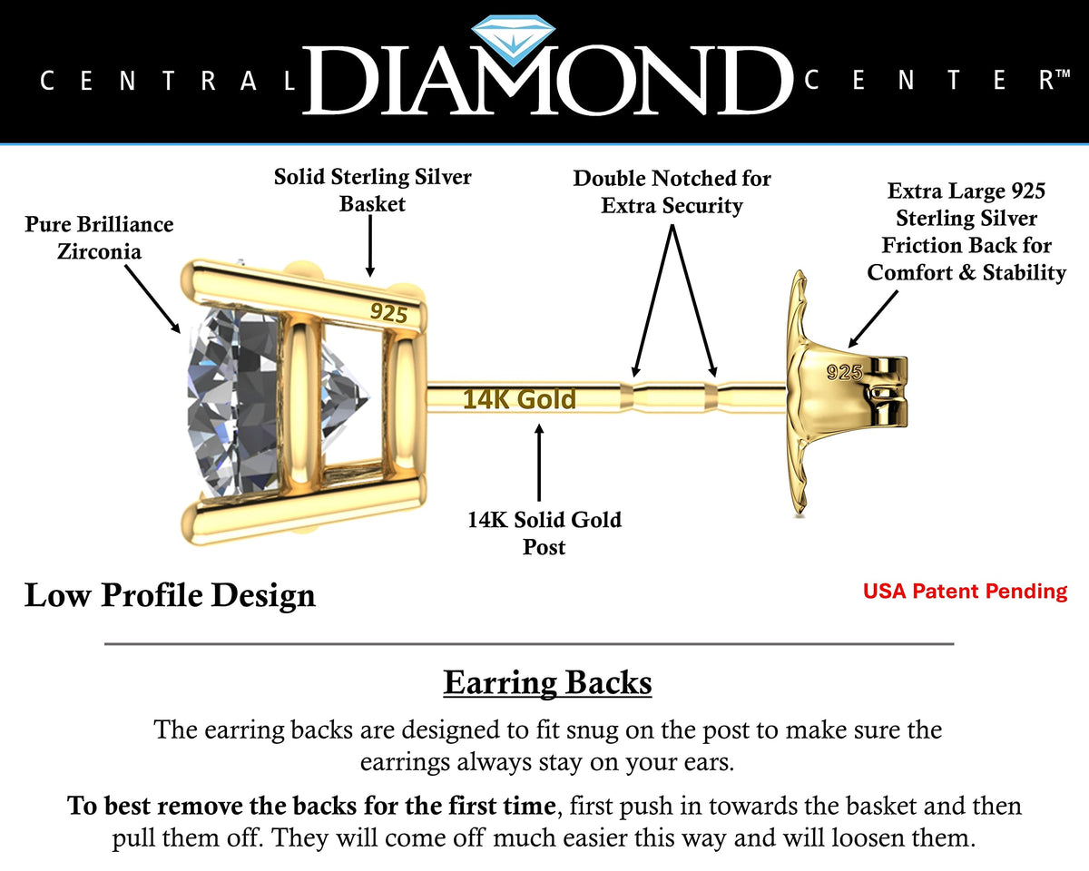 Central Diamond Center 14K Solid Gold Post & Sterling Silver Made with Swarovski 4 Prong CZ Stud Earrings - Yellow Gold Plated - 4.0mm - 0.50cttw