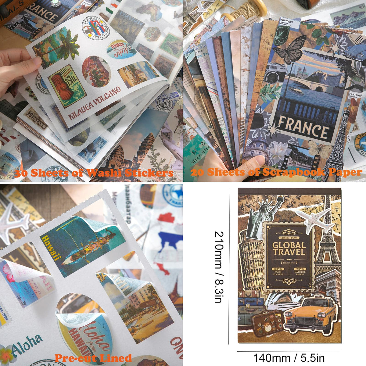 Vintage Scrapbook Stickers, Aesthetic Global Travel Sticker Book for Scrapbooking with 320+ Washi Stickers and 20 Scrapbook Papers, Journaling Supplies, Ephemera for Junk Journals DIY Arts Crafts