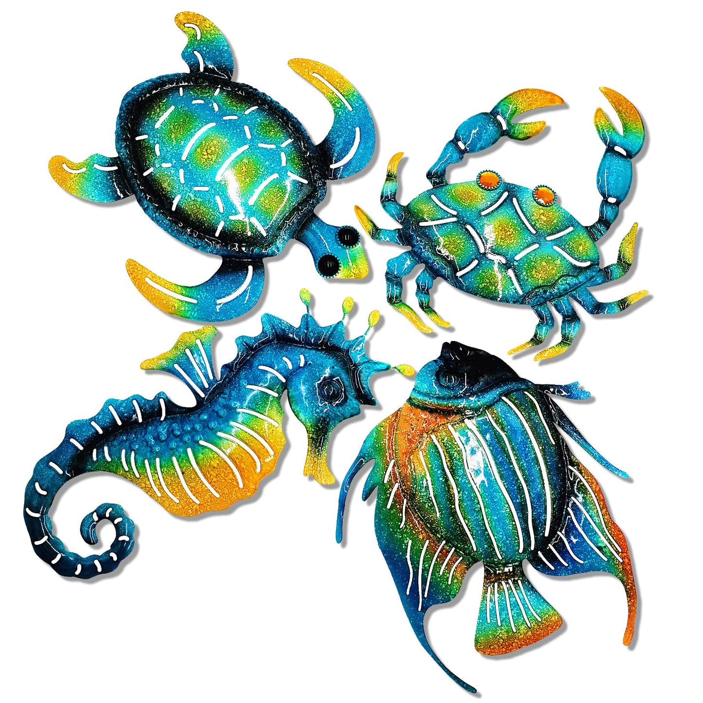 Meduofon Set of 4 Blue Metal Outdoor Wall Art Decor, Turtle, Fish, Crab, Seahorse, Coastal Style, Suitable for Indoor/Outdoor Use