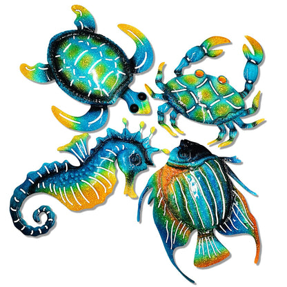 Meduofon Set of 4 Blue Metal Outdoor Wall Art Decor, Turtle, Fish, Crab, Seahorse, Coastal Style, Suitable for Indoor/Outdoor Use
