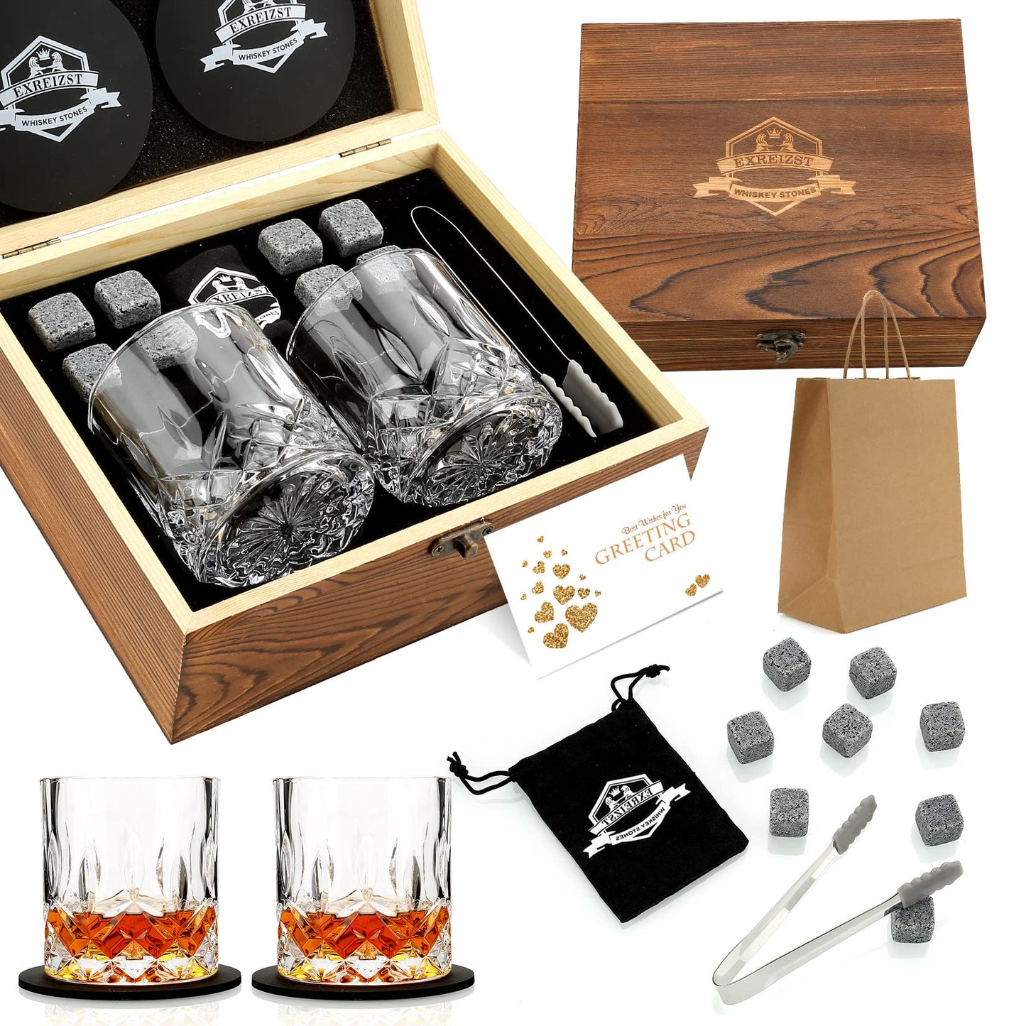 Whiskey Stones Gift Set - Whiskey Glass Set of 2 - Granite Chilling Whiskey Rocks - Scotch Bourbon Box Set -Father's Day Birthday Gifts for Men Drinking Gift for Dad Him Husband Party Holiday Present