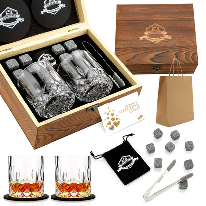 Whiskey Stones Gift Set - Whiskey Glass Set of 2 - Granite Chilling Whiskey Rocks - Scotch Bourbon Box Set -Father's Day Birthday Gifts for Men Drinking Gift for Dad Him Husband Party Holiday Present
