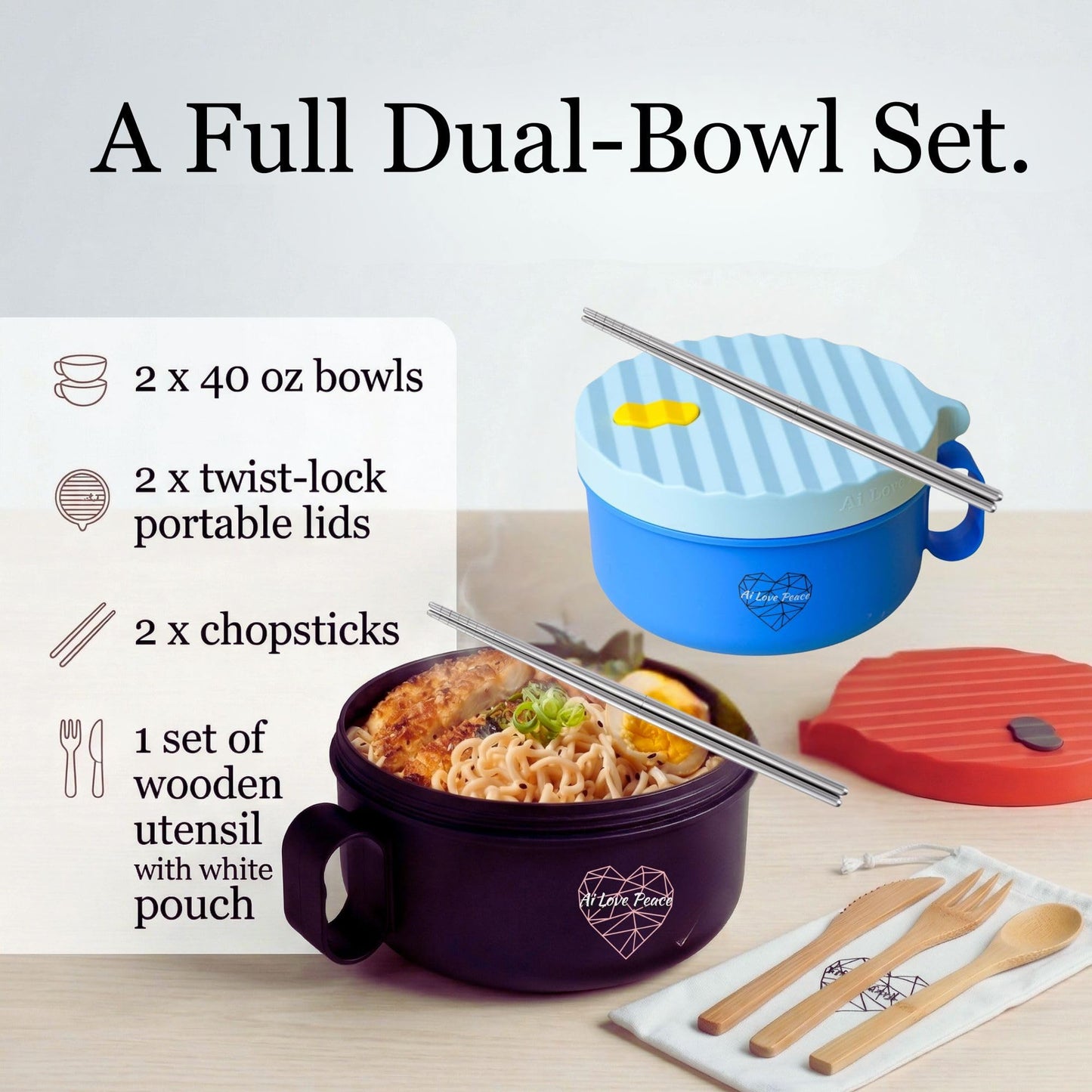 AI LOVE PEACE Ramen Bowls, 40 oz Large Microwavable Noodle Bowls (1 Blue, 1 Red) with Chopsticks, Sporks, and Utensil Bag, Portable Microwave Bowl for Home, Office, Dorm, or College Gift.
