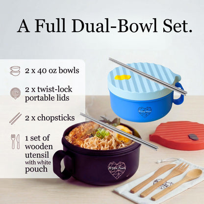 AI LOVE PEACE Ramen Bowls, 40 oz Large Microwavable Noodle Bowls (1 Blue, 1 Red) with Chopsticks, Sporks, and Utensil Bag, Portable Microwave Bowl for Home, Office, Dorm, or College Gift.