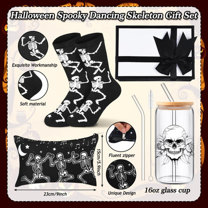 Skylety Goth Dancing Skeleton Gift Box of 4 Include 16oz Goth Glass Cup Gothic Stuff Spooky Sock Makeup Bag Spooky Gift Baskets for Xmas Holiday Women Gothic Lovers Stuff