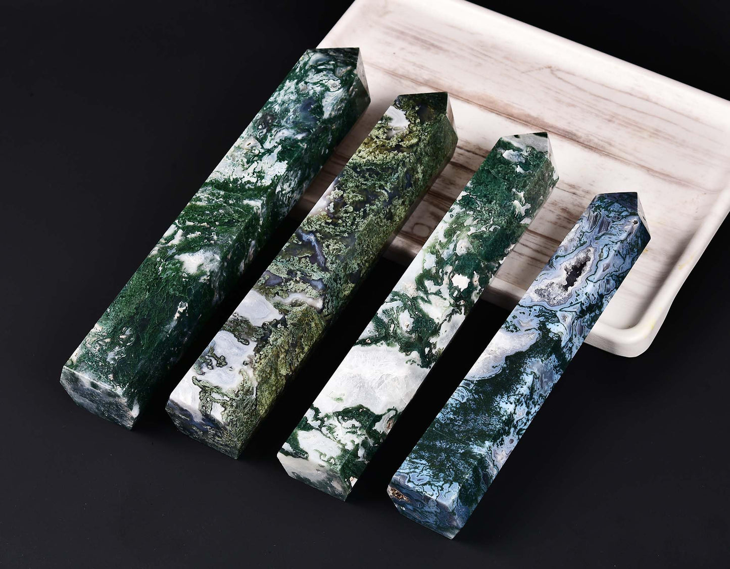 AMOYSTONE Extra Large Healing Crystal Obelisk Towers Moss Agate Point Wand Home Decor Reiki Healing 4.0-4.4LBS