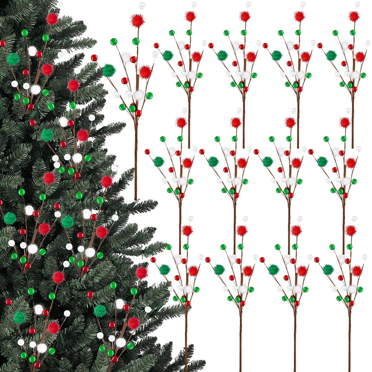 12PCS Christmas Tree Decorations Red Green Picks Berry Stems Xmas Ornaments Floral Pick with Beads Balls for Tree Topper Vase Home Table Decor