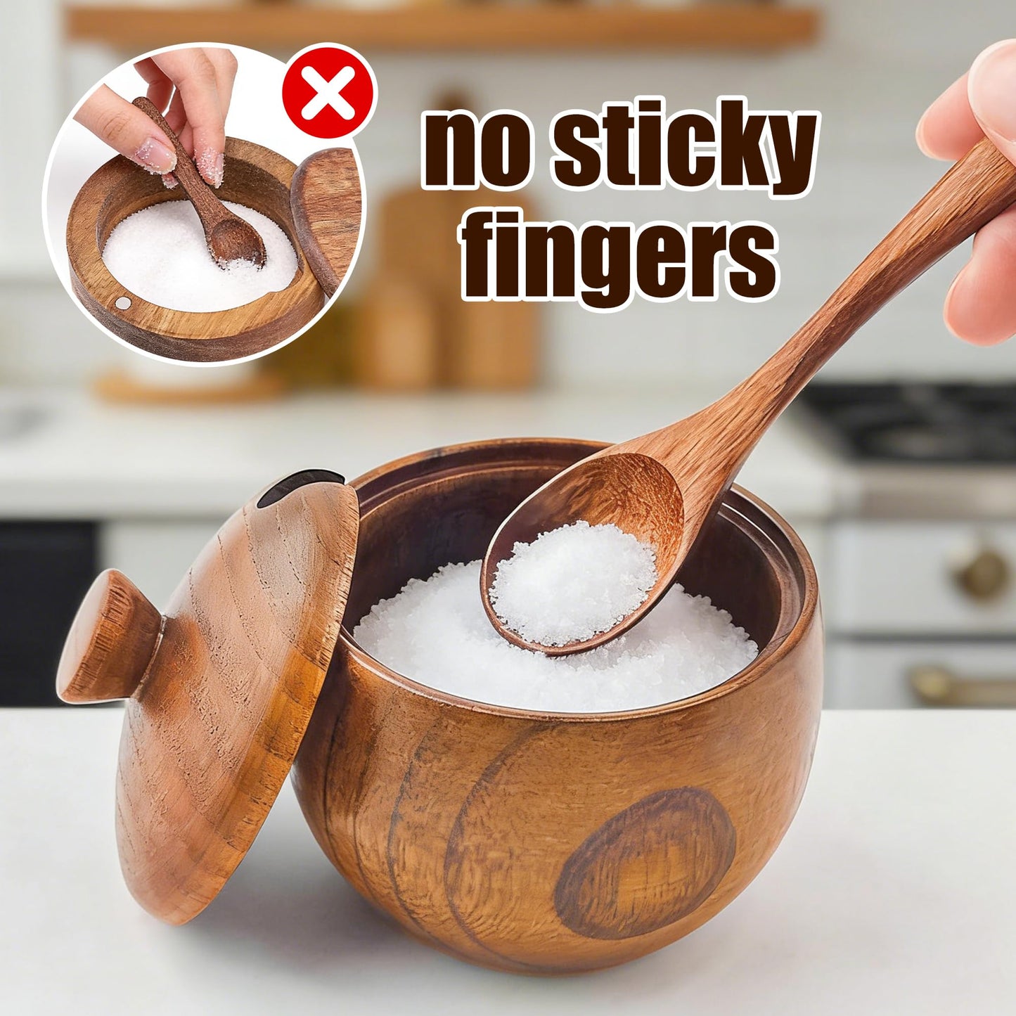 Yokudo Wooden Salt Cellar with Lid and Spoon 5.7 oz Kitchen Wooden Salt Box for Sea Salt,Spices and Herbs（1pcs）