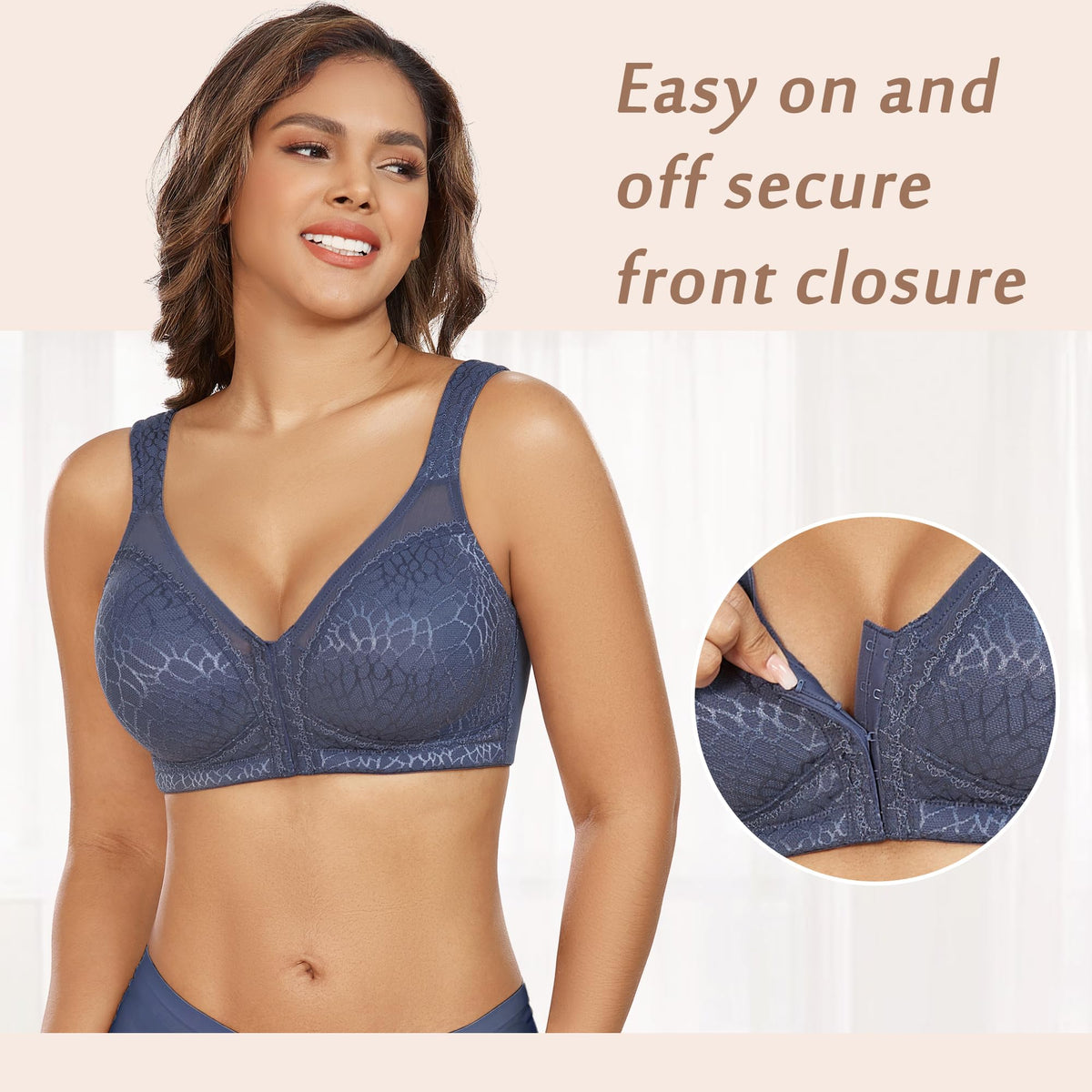 DotVol Women's Full Figure Front Closure Wirefree Jacquard Back Support Posture Bra(Grey Blue,36D)