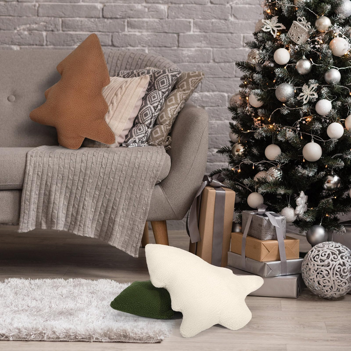 Anglechic 3 Pcs Christmas Pillows Neutral Christmas Tree Decorative Throw Pillows Xmas Tree Stuffed Wool Pillows Soft Xmas Plush Cushion for Sofa Couch Bedroom Livingroom