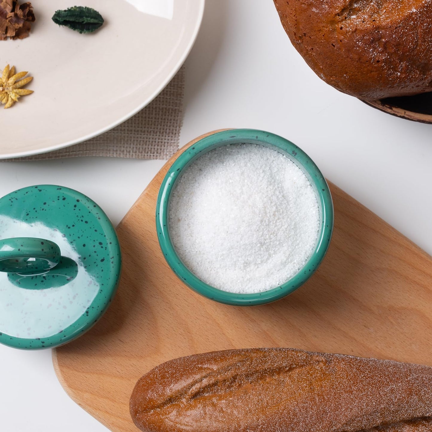 Salt Cellar Keeper with Ceramic Lid, Big Capacity Ceramic Sugar Bowls Pepper Box, Speckled Glaze Seasoning Container Condiment Pot for Kitchen (Green)
