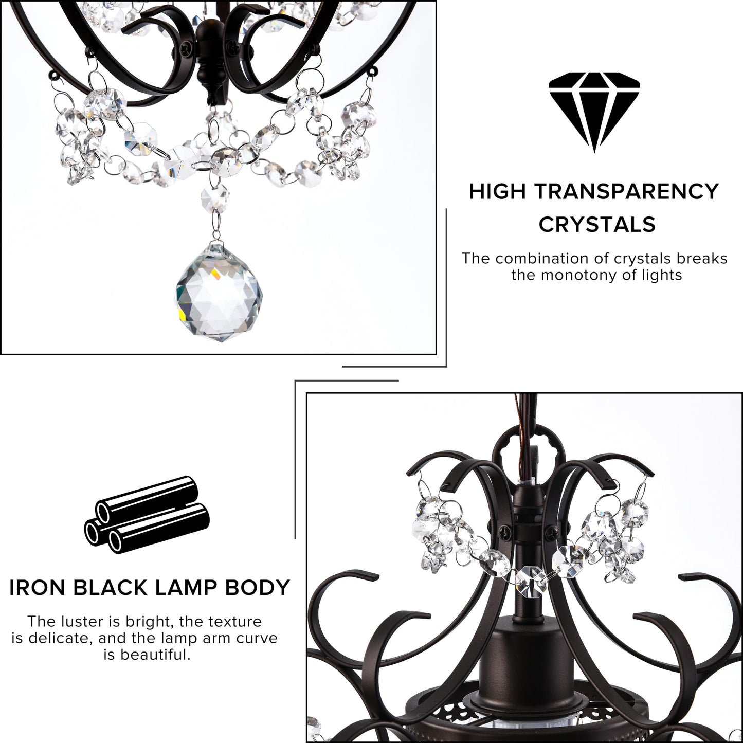 Plug in Pendant Lights with K9 Crystal Bronze Hanging Lamp with 15Ft Clear Cord & On/Off Switch，Mini Chandelier for Closet Living Room Girls Room Bedroom Nursery