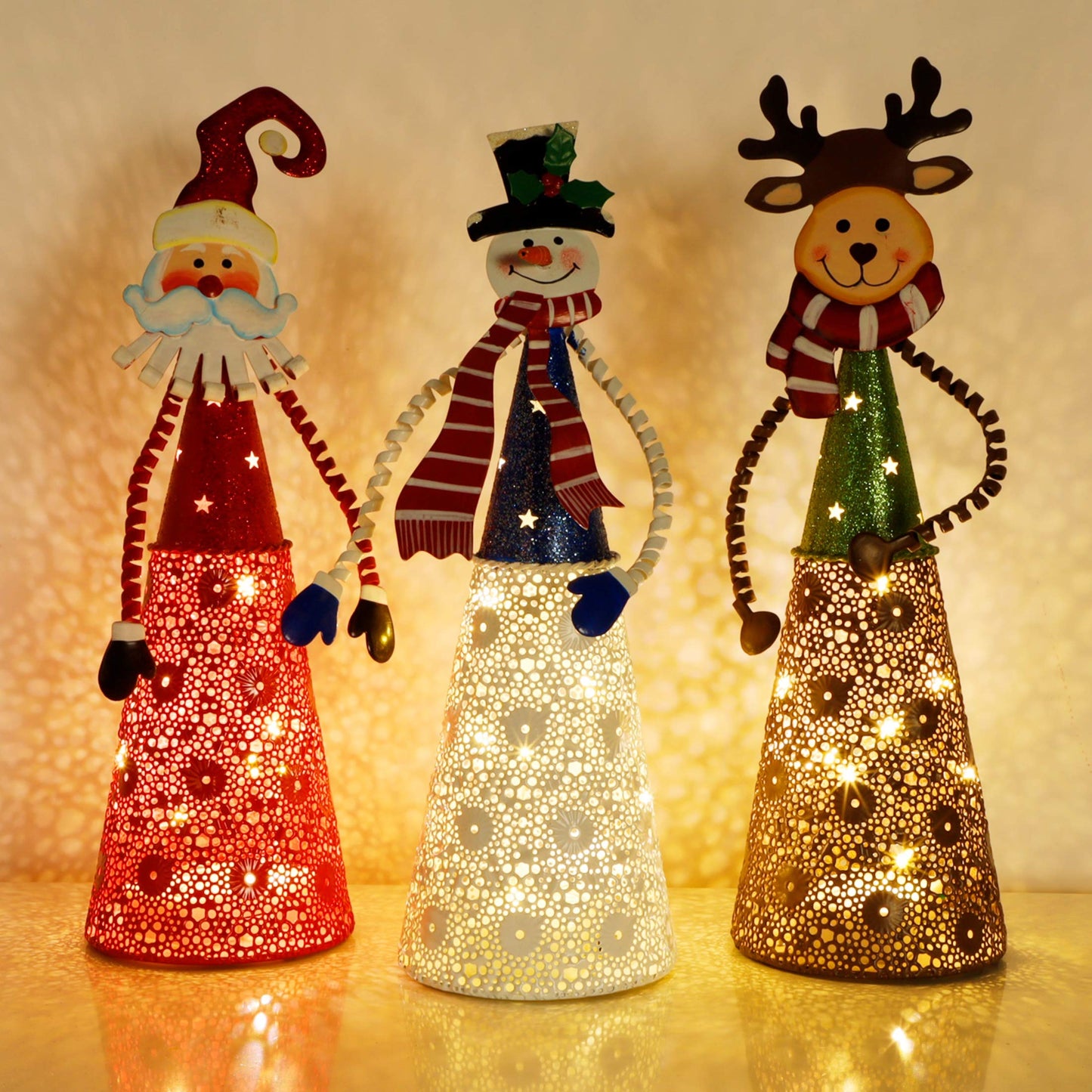 ATDAWN Lighted Christmas Table Decorations, Set of 3 Indoor LED Lighting Santa Snowman Reindeer Xmas Holiday Party Tabletop Desk Ornament & Candleholders