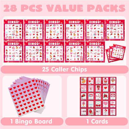 JOYIN 28 Players Valentine's Day Bingo Set, Game Cards for Kids School Classroom Party Supplies, Family Activity