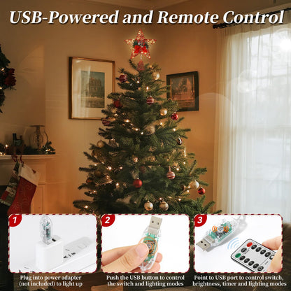 Lewondr Christmas Tree Topper, 8'' Small Metal Christmas Star Tree Topper with Pine Leaves and Bow, 30 LED Bulbs, 6H Timer, 8 Light Modes, USB & Remote Control Star Treetop for Home Xmas Decor, Red
