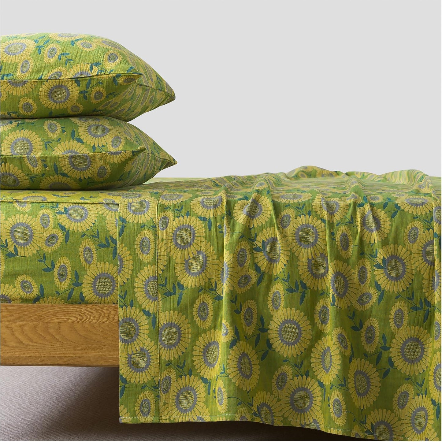FADFAY Double Gauze 100% Cotton Queen Sheet Set, Soft Floral Sunflower Bedding, Deep Pocket Fitted Sheet, Shabby Vintage Countryside Style Breathable Bed Sheets, 4-Piece