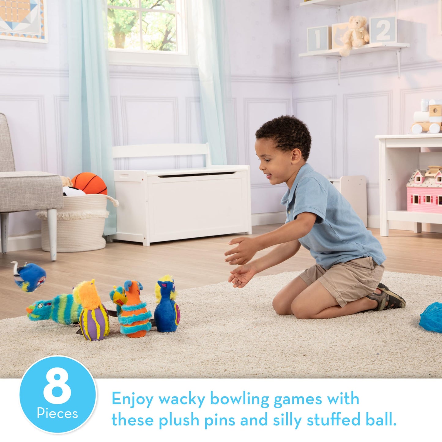 Melissa & Doug Fuzzy Monster Bowling Pins and Ball with Mesh Storage Bag - 8 Pieces Toddler Plush Indoor Bowling Set, for Toddlers and Kids Ages 2+